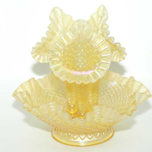 Fenton Yellow Stretch Carnival Glass 3 trumpet epergne | Optic Lace