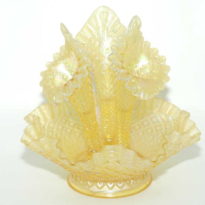 Fenton Yellow Stretch Carnival Glass 3 trumpet epergne | Optic Lace