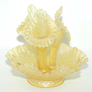 Fenton Yellow Stretch Carnival Glass 3 trumpet epergne | Optic Lace