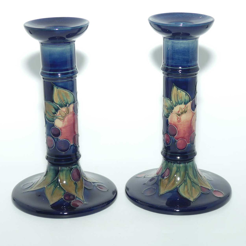 Moorcroft Finches Blue pair of tall candlesticks