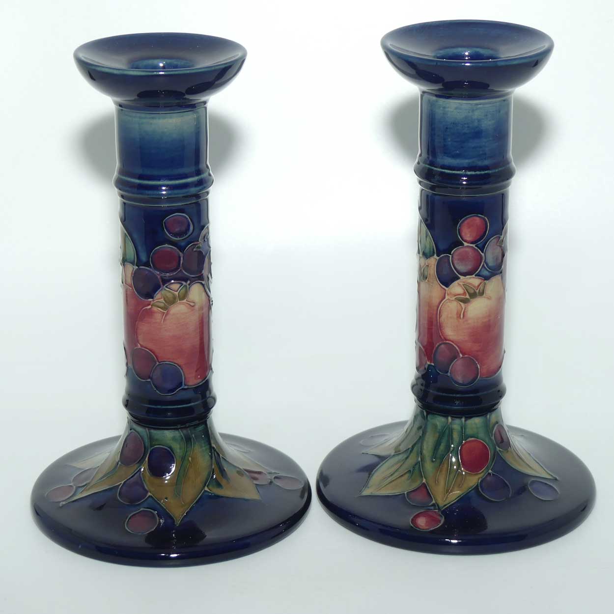 Moorcroft Finches Blue pair of tall candlesticks