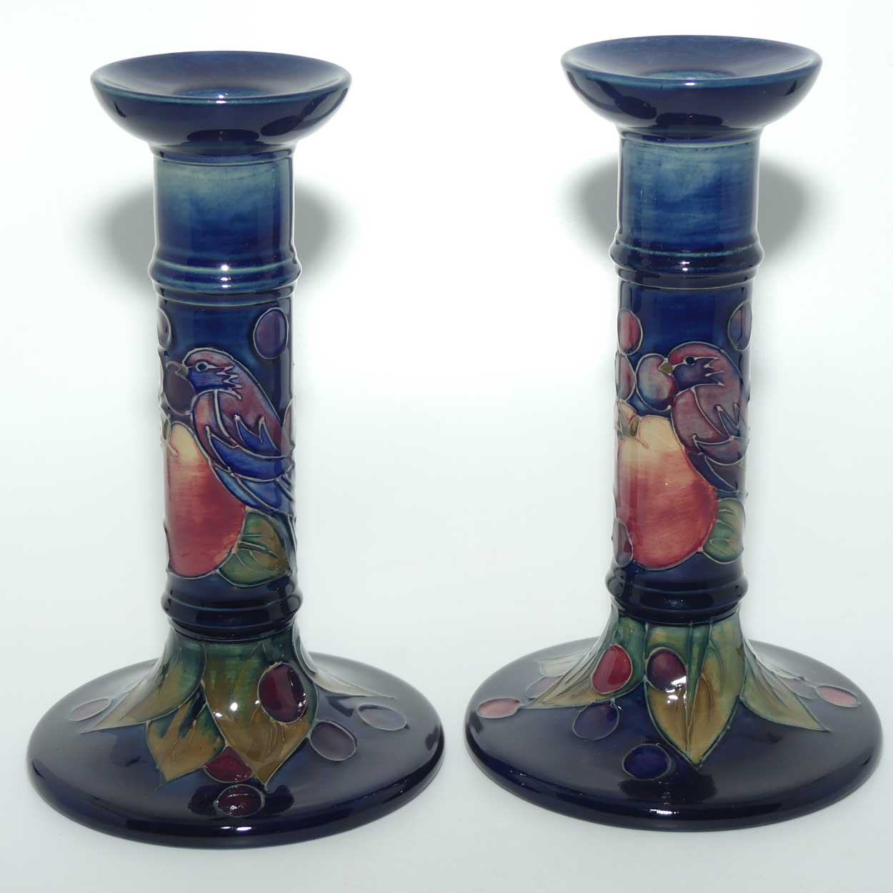 Moorcroft Finches Blue pair of tall candlesticks