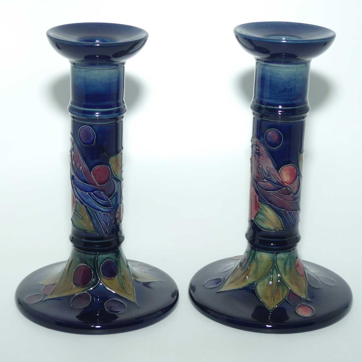 Moorcroft Finches Blue pair of tall candlesticks
