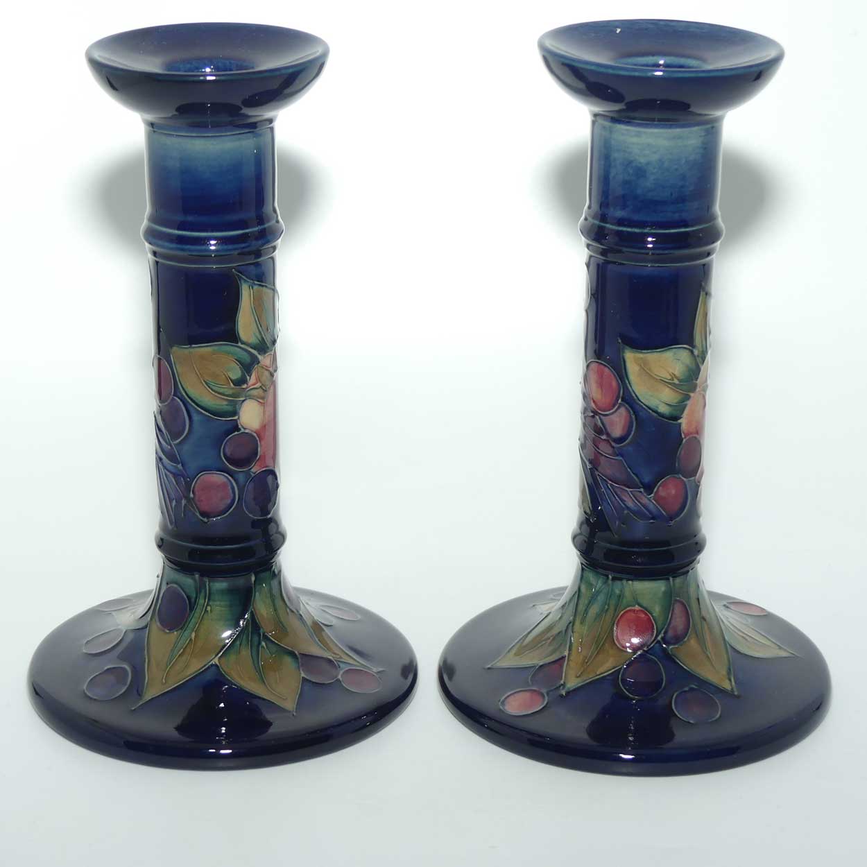 Moorcroft Finches Blue pair of tall candlesticks