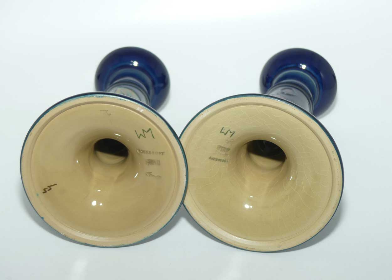 Moorcroft Finches Blue pair of tall candlesticks