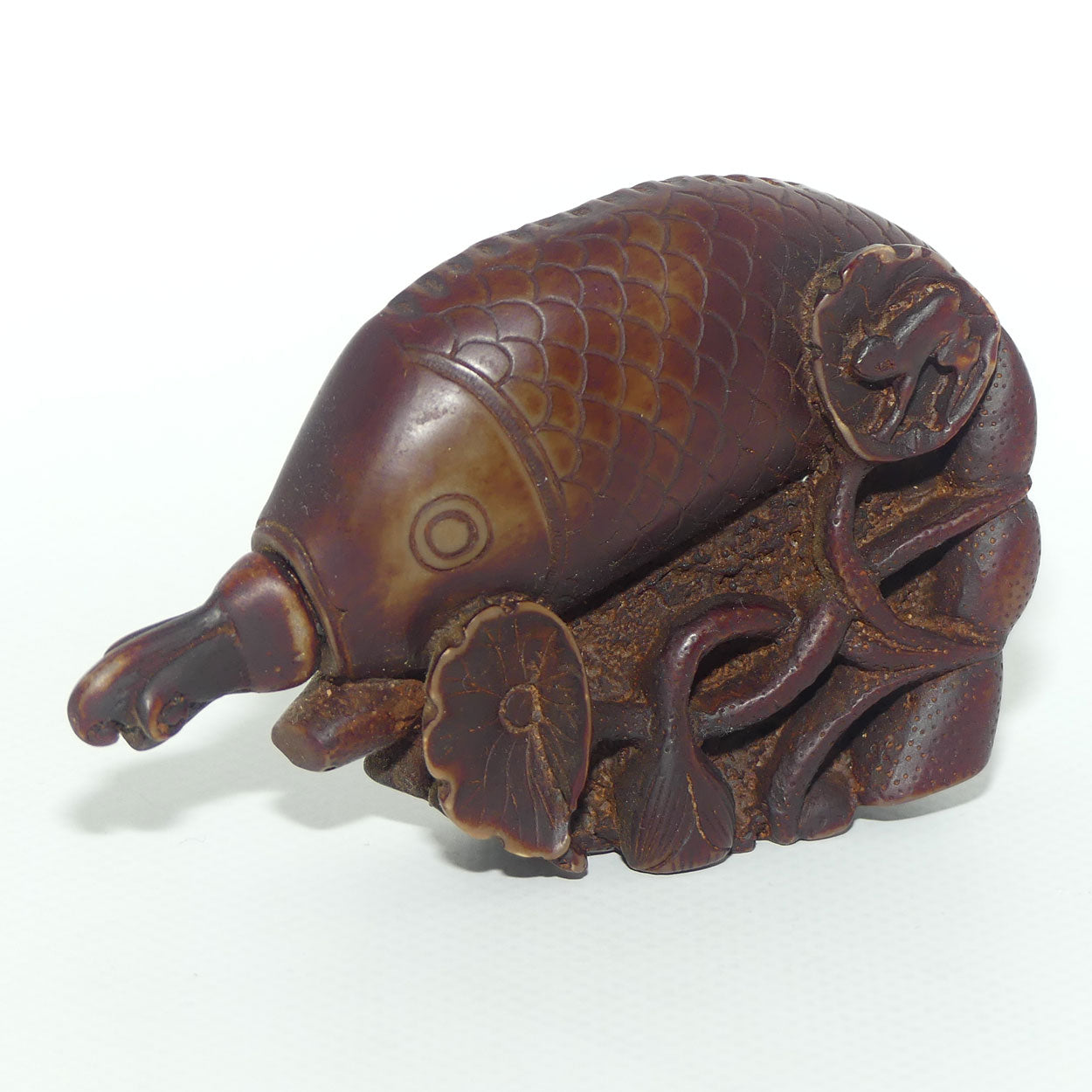 Chinese Snuff Bottle | Carved Brown Stone in the Form of a Carp