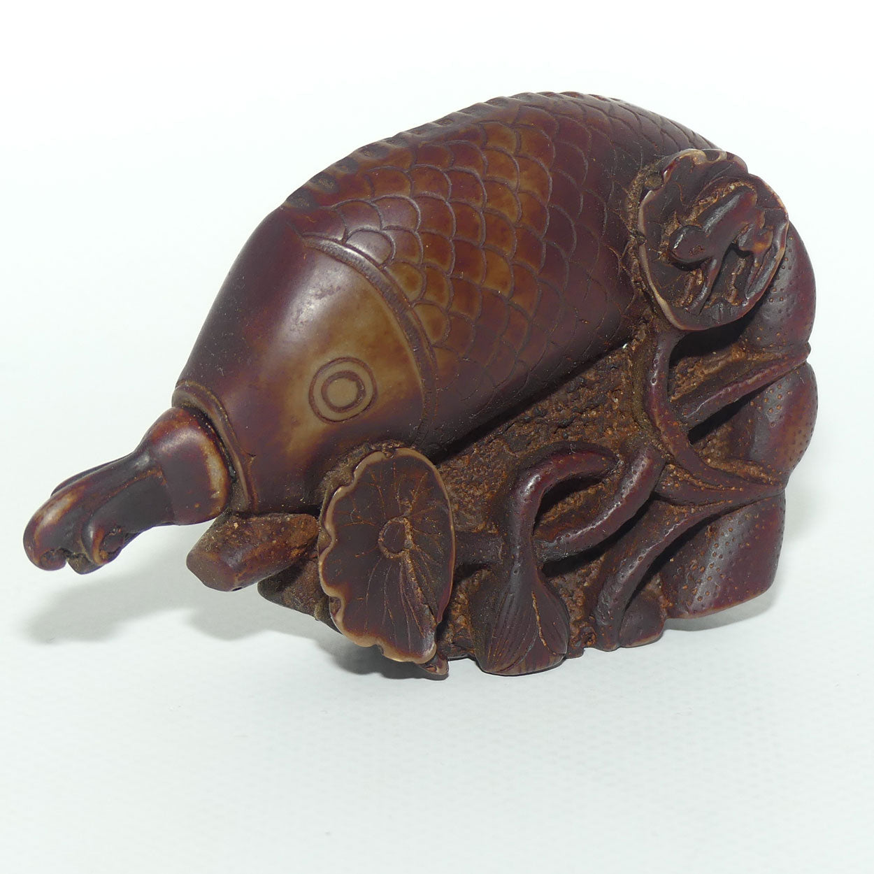 Chinese Snuff Bottle | Carved Brown Stone in the Form of a Carp