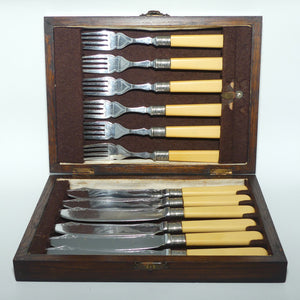 Boxed set of Plated Faux Bone Handle Fish Eaters and Forks | Oak case