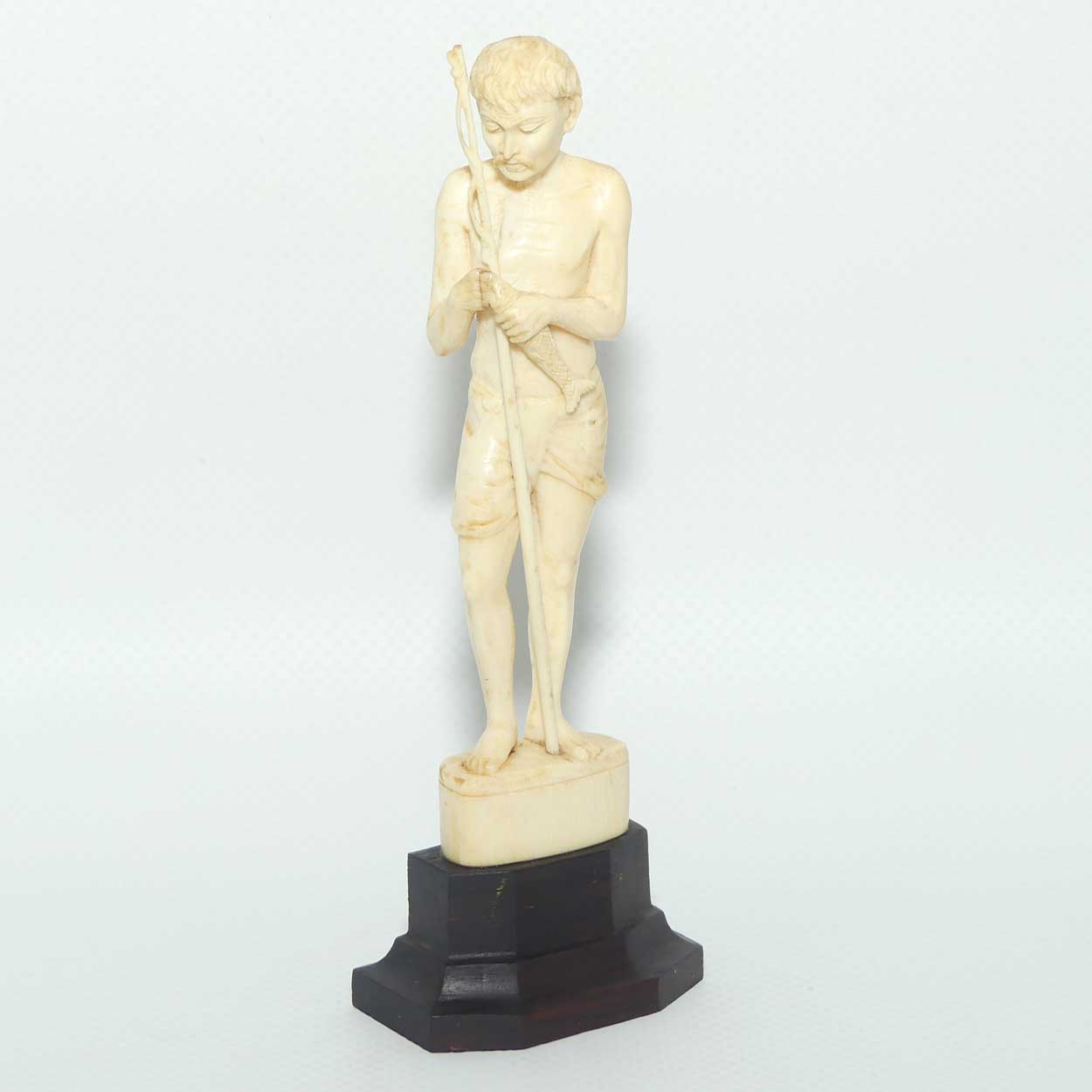 Carved Ivory Figure on Rosewood base | Fisherman with Fishing Rod and Fish | 14cm