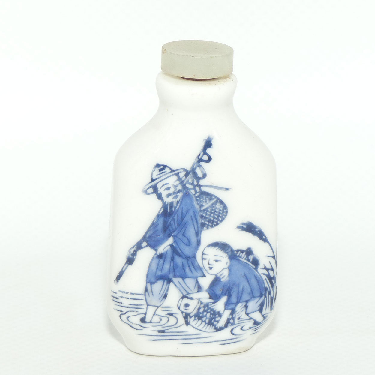 Chinese Blue and White Fishing Man and Boy pattern Snuff Bottle | White stone stopper