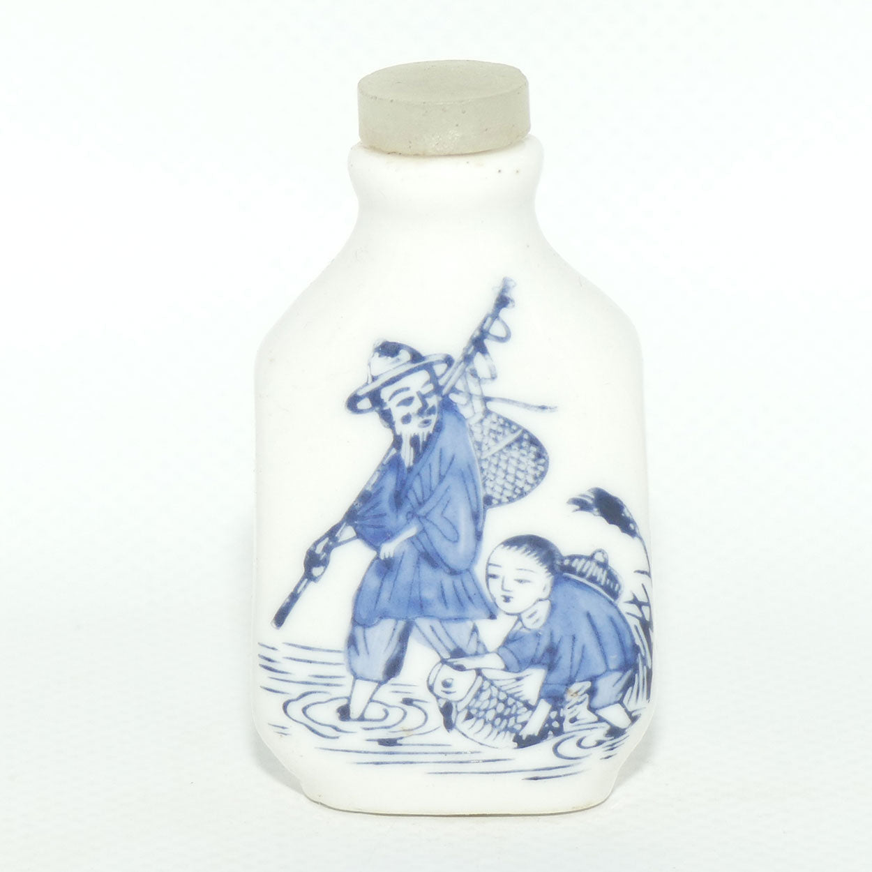 Chinese Blue and White Fishing Man and Boy pattern Snuff Bottle | White stone stopper