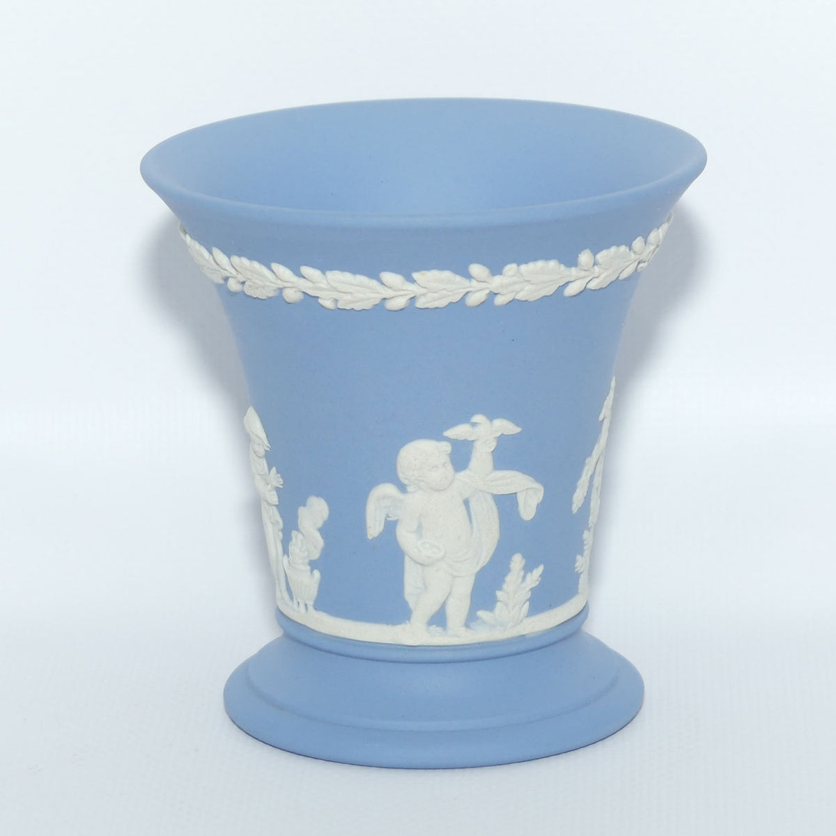 Wedgwood Jasper | White on Pale Blue | Flaired and Footed Cherub vase | #2