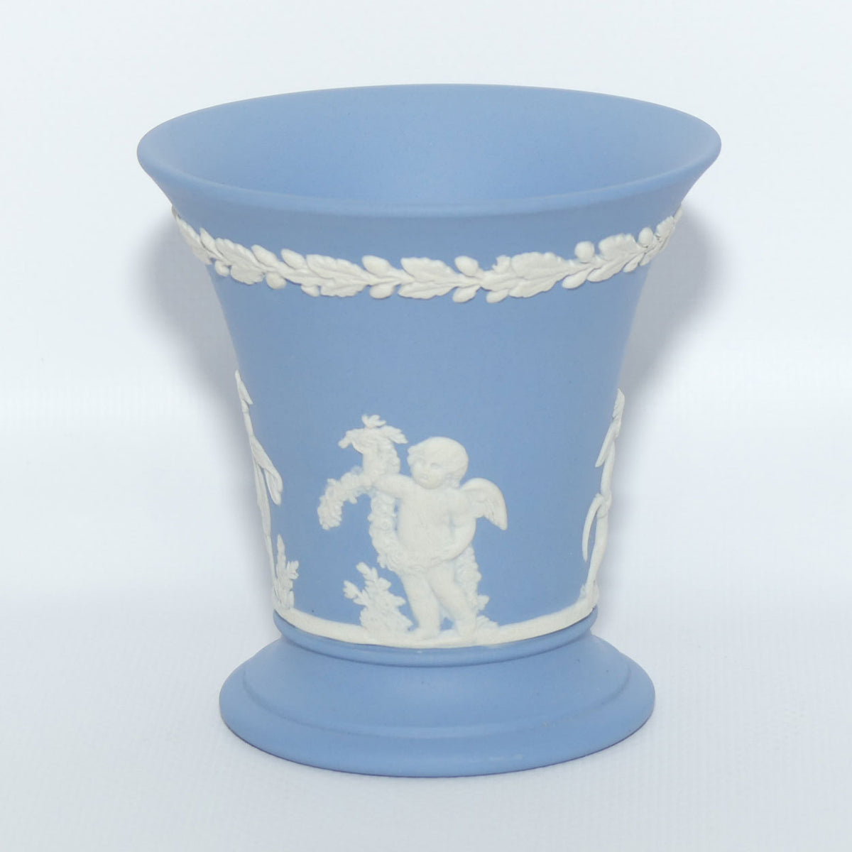 Wedgwood Jasper | White on Pale Blue | Flaired and Footed Cherub vase | #2