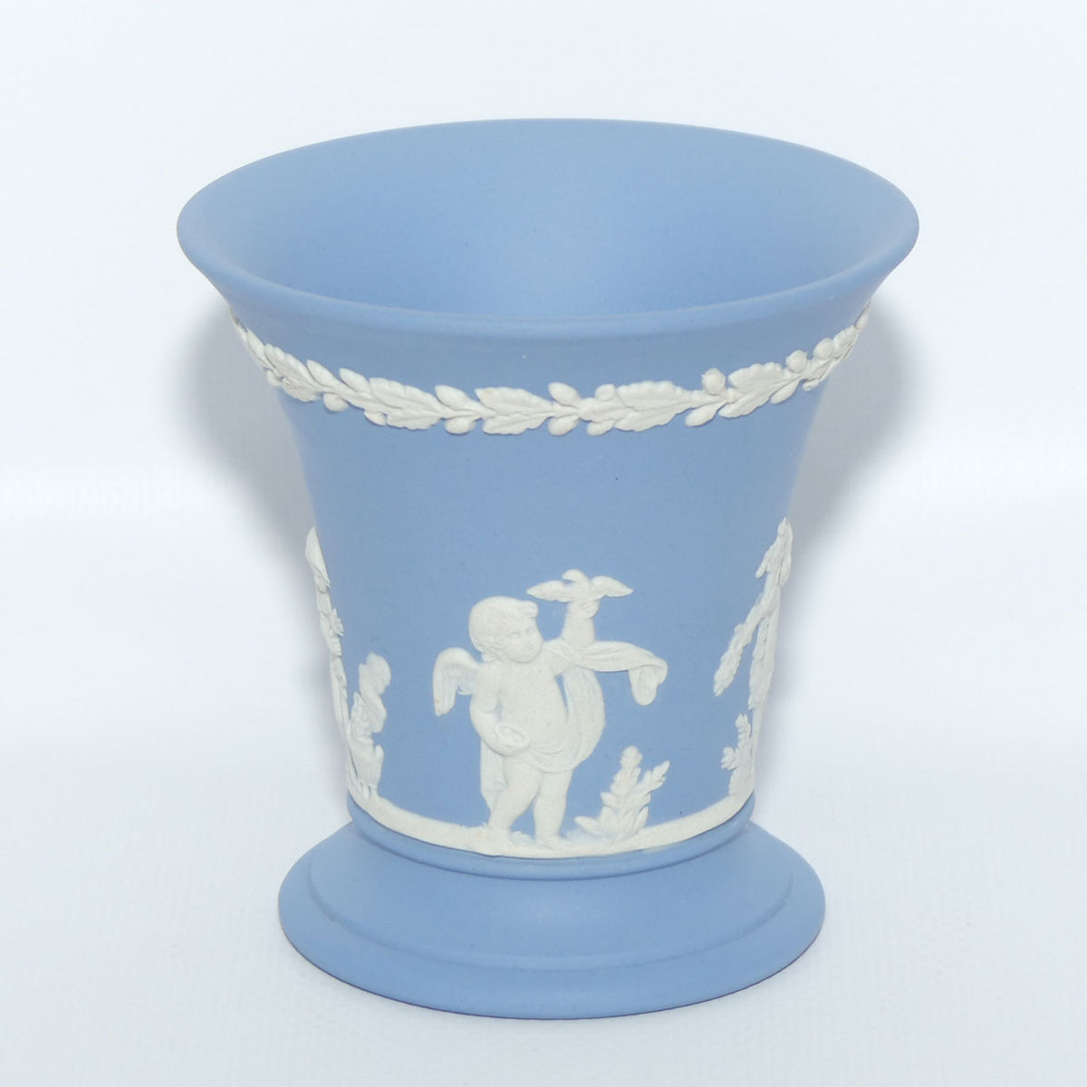 Wedgwood Jasper | White on Pale Blue | Flaired and Footed Cherub vase | #2
