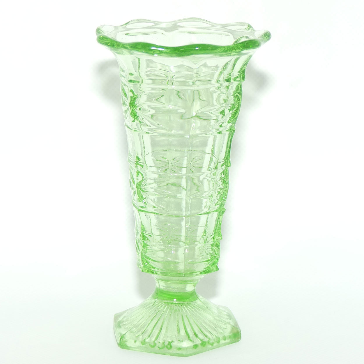 Green Depression Glass Hexagonal base Flaired Rim vase | 15cm tall