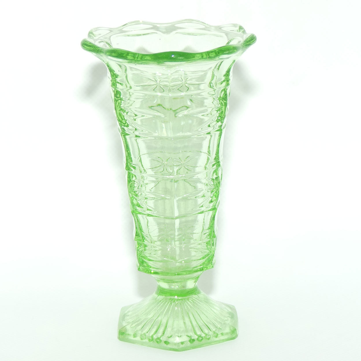Green Depression Glass Hexagonal base Flaired Rim vase | 15cm tall