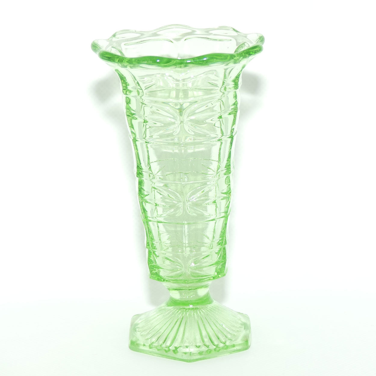 Green Depression Glass Hexagonal base Flaired Rim vase | 15cm tall
