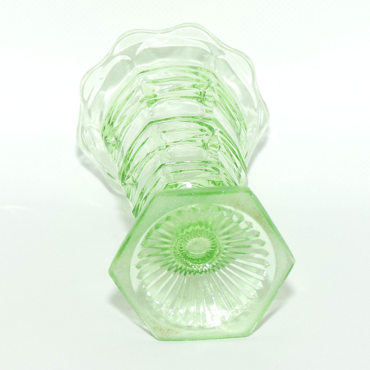 Green Depression Glass Hexagonal base Flaired Rim vase | 15cm tall