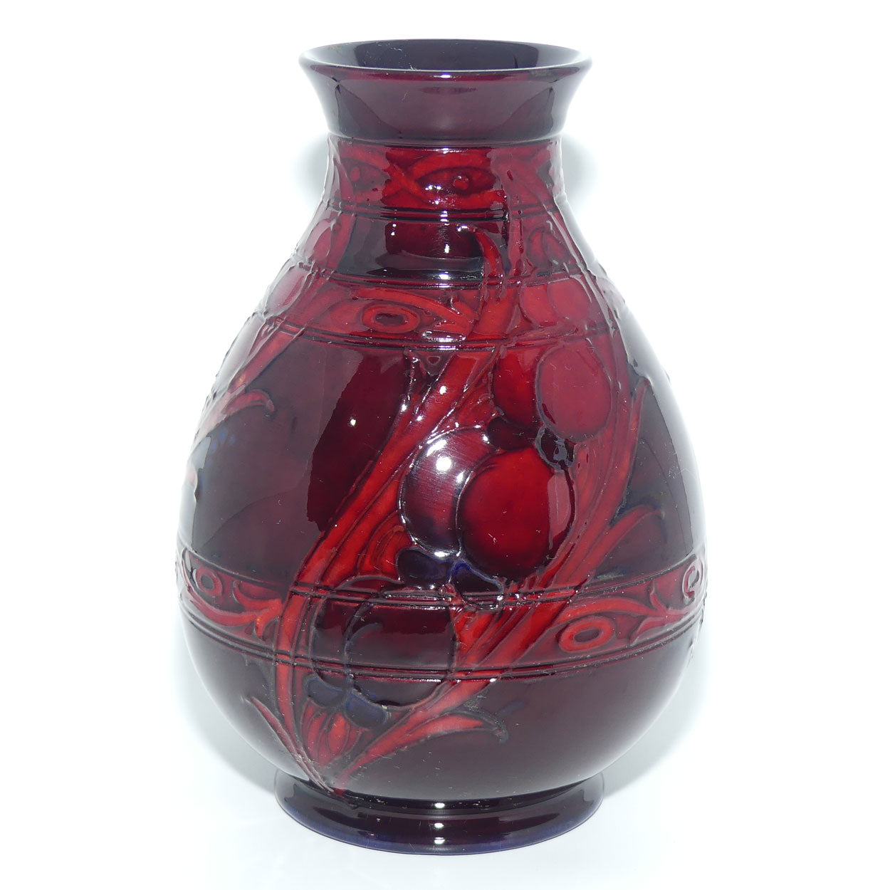 William Moorcroft Wisteria and Peacock Feather vase | Shape 7 | Horizontal Bands | Flambe Glaze