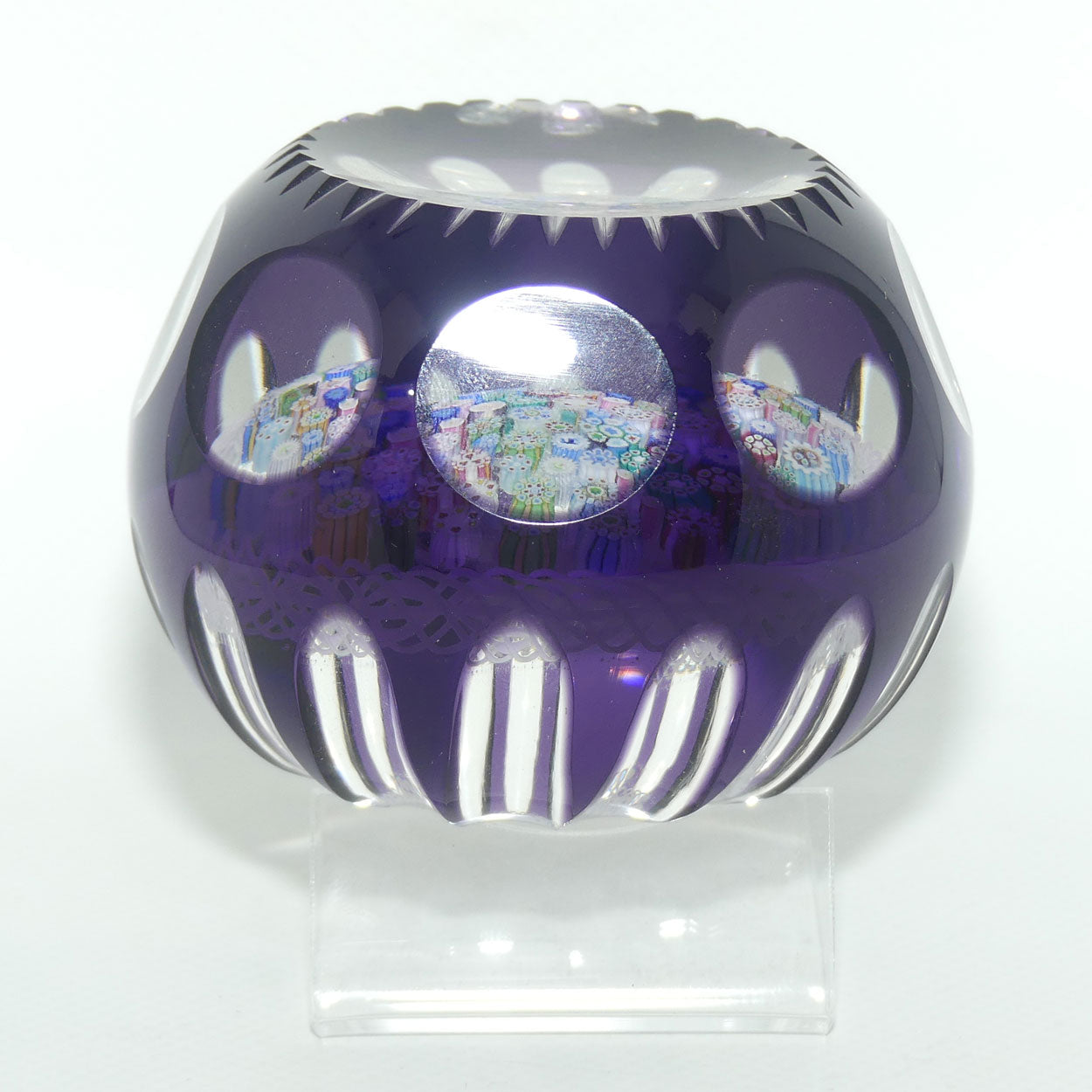 John Deacons Scotland Amethyst Flash Overlay Closepack Millefiori paperweight