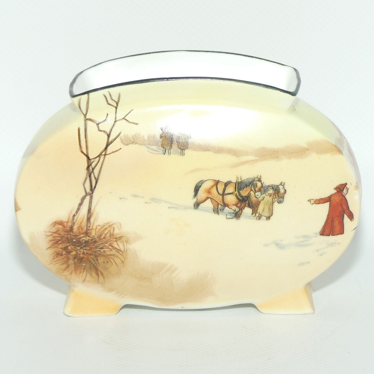 Royal Doulton Coaching Days flat oval vase E3804 | Struggling in Snow