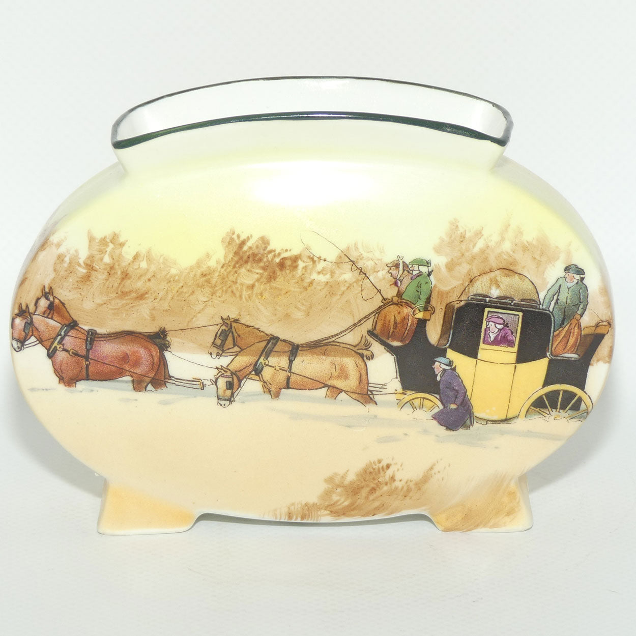 Royal Doulton Coaching Days flat oval vase E3804 | Struggling in Snow