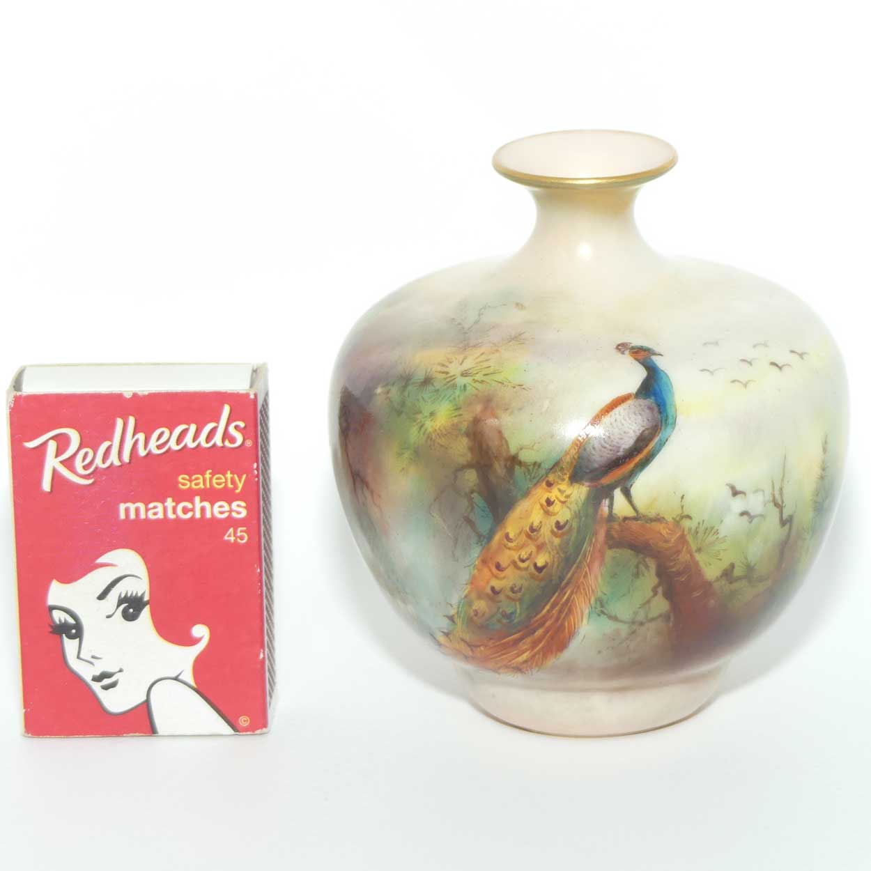 Royal Worcester hand painted Peacocks miniature vase | signed J Flexman