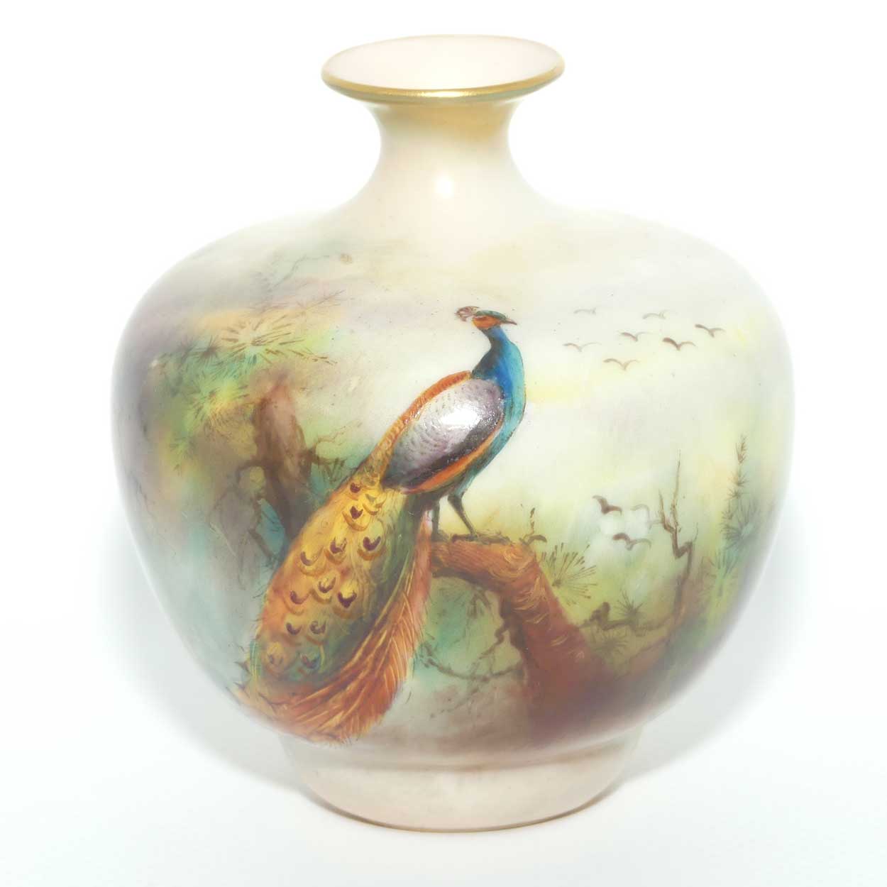 Royal Worcester hand painted Peacocks miniature vase | signed J Flexman