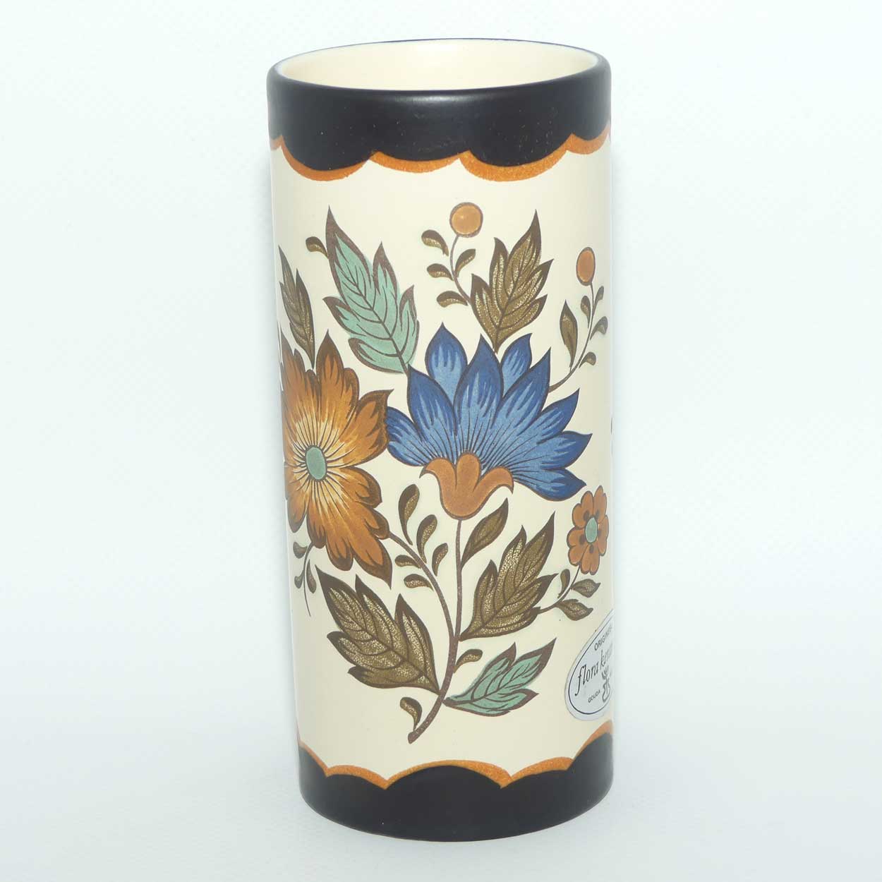 Gouda Pottery Holland Flora pattern cylindrical vase | original label intact