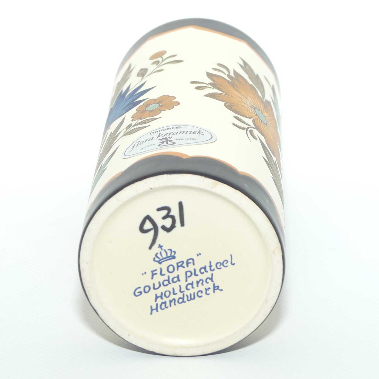 Gouda Pottery Holland Flora pattern cylindrical vase | original label intact