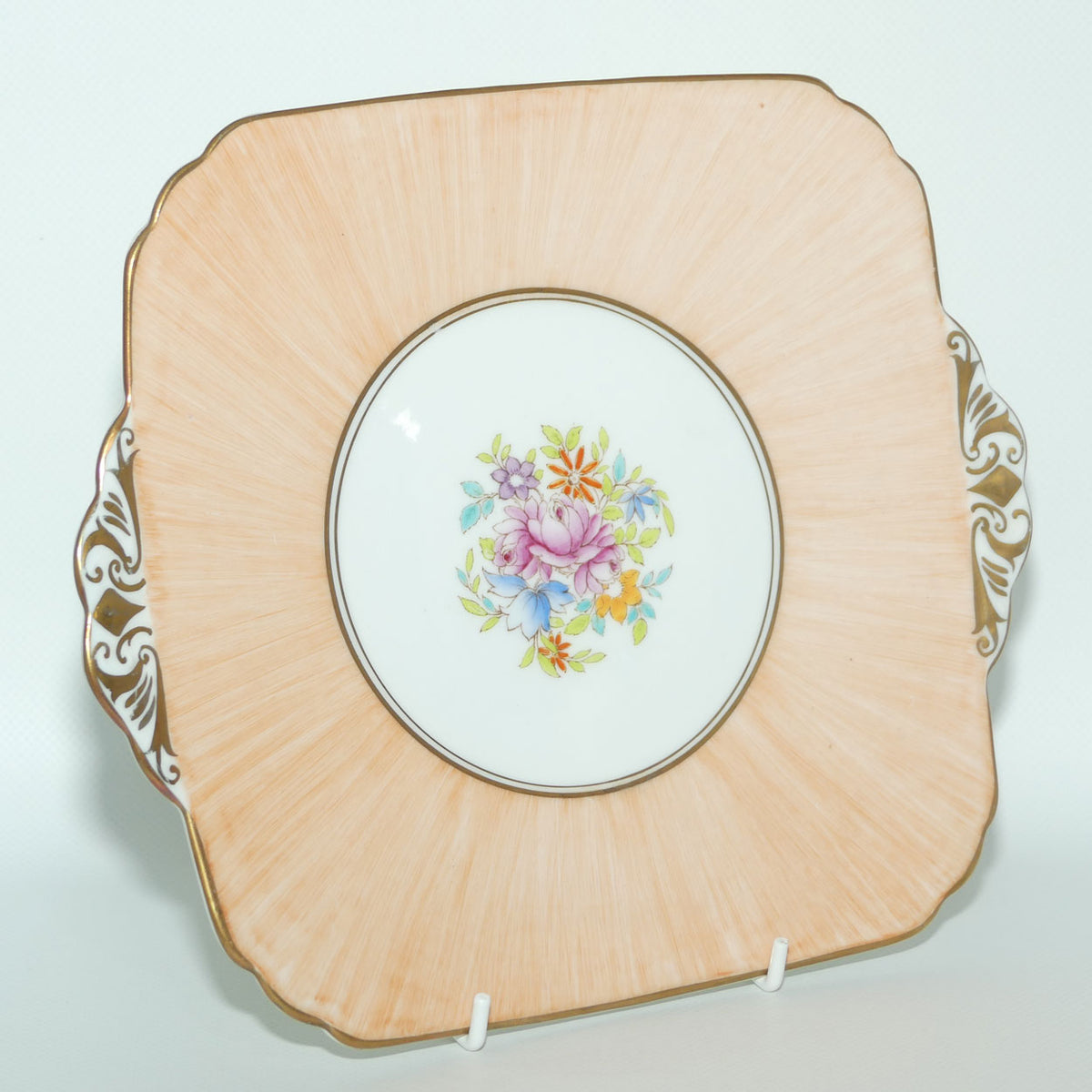 Foley Bone China Floral tab handle cake plate | Apricot border