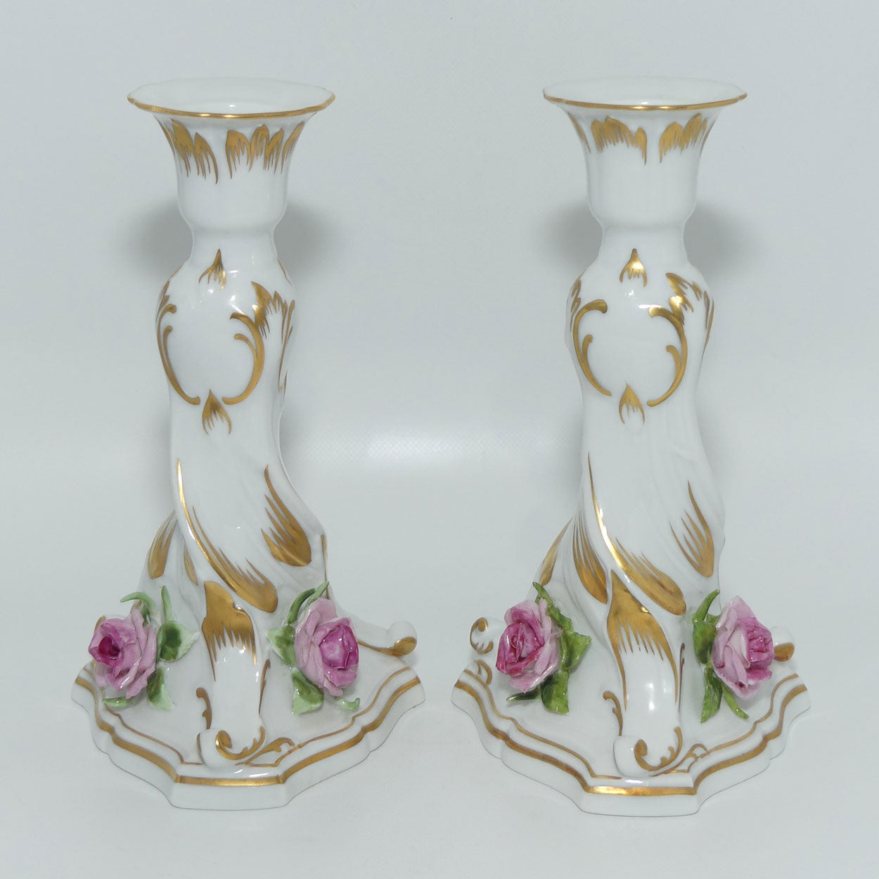 AK Kaiser West Germany Pair of Applied Floral candlesticks