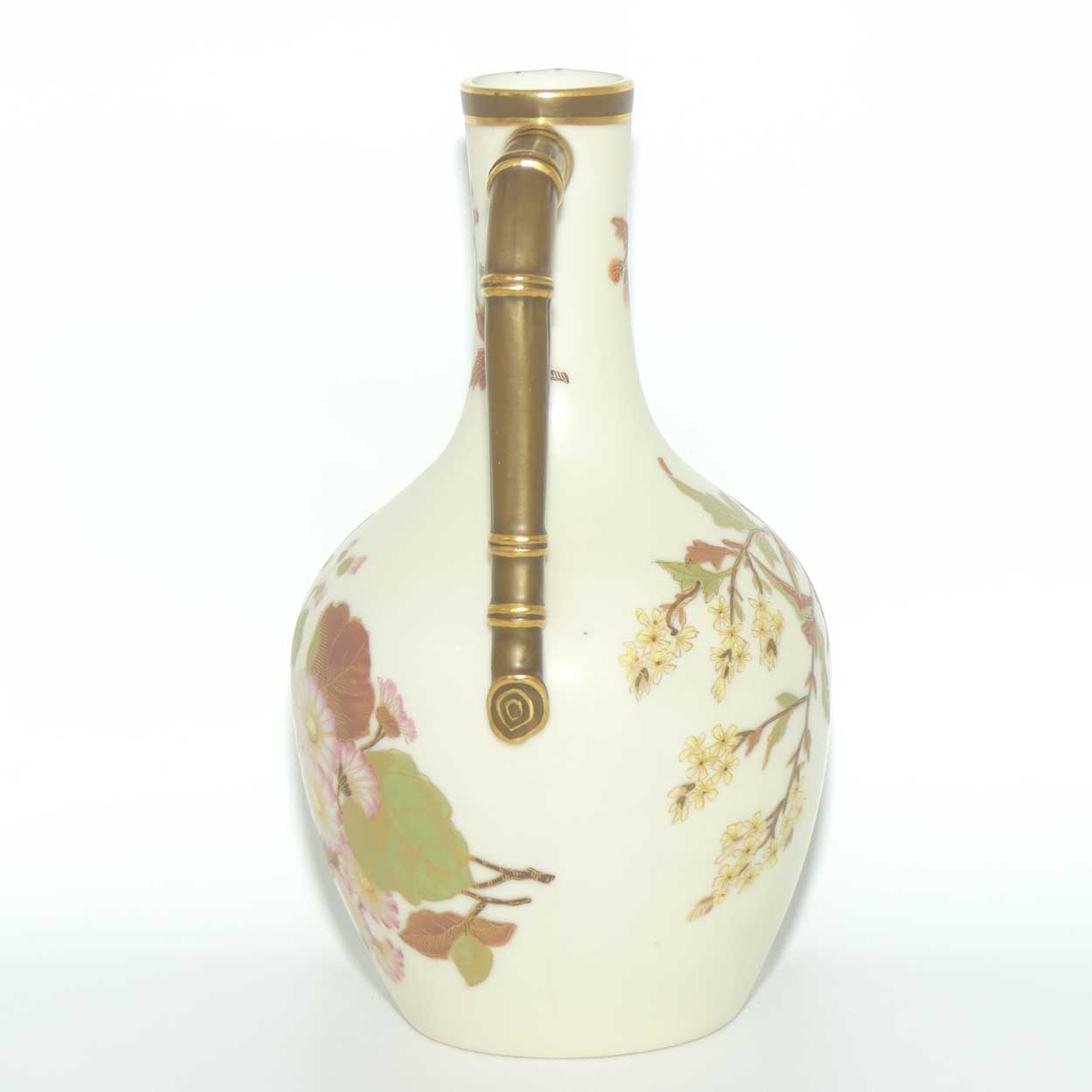Royal Worcester Blush Ivory and gilt hand painted floral jug with bamboo style handle