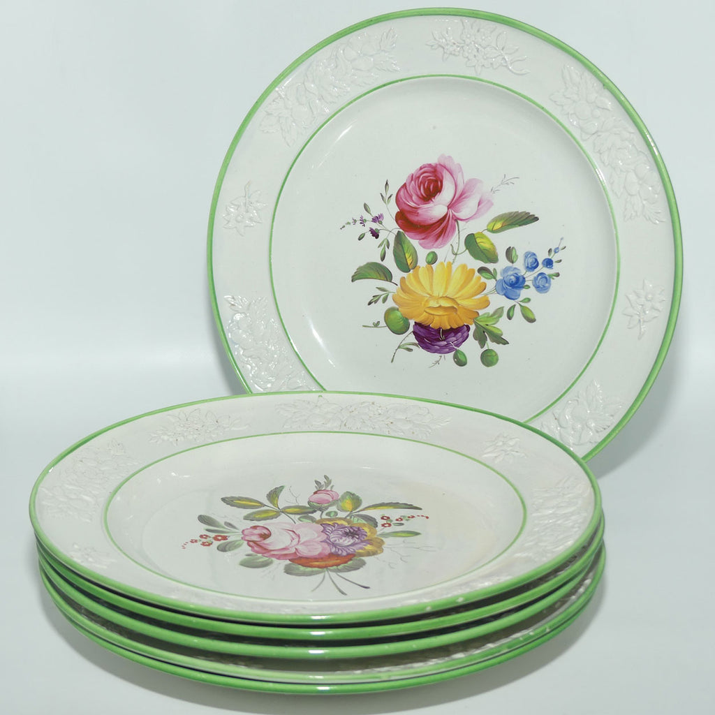 Early Victorian Floral Sprays set of 6 cabinet plates | Floral motif embossed low relief