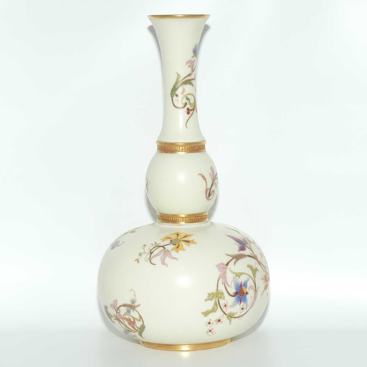 Royal Worcester Blush Ivory and gilt hand painted floral tall gourd shape bulbous vase