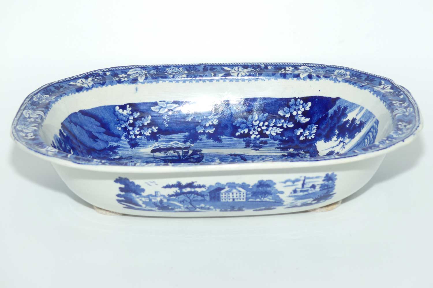 Victorian era Flow Blue oval vegetable bowl