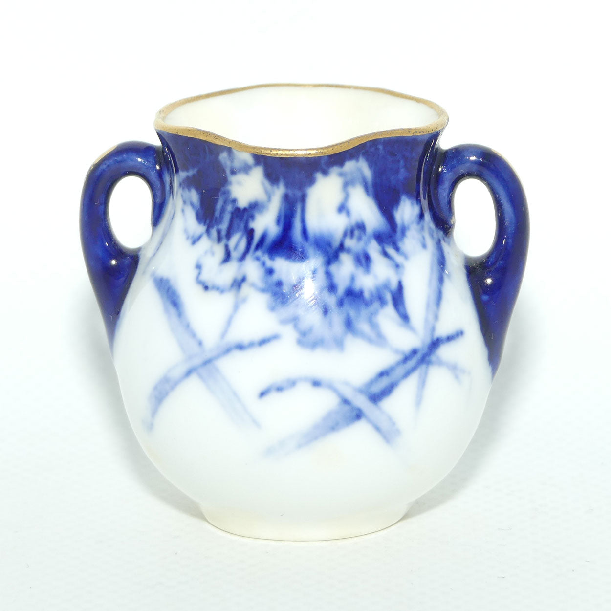 Royal Doulton Flow Blue Floral twin handle miniature vase | Gilt trim