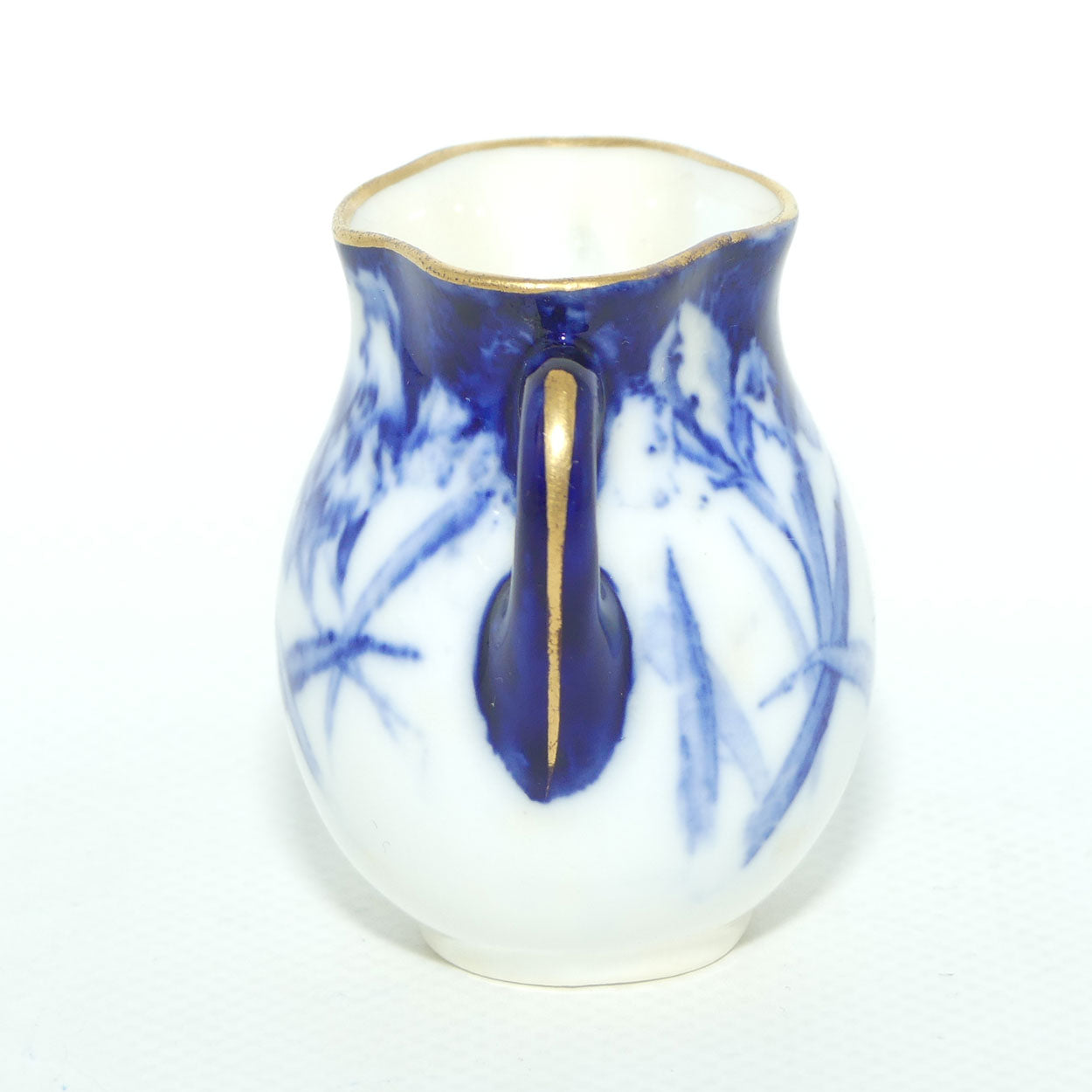 Royal Doulton Flow Blue Floral twin handle miniature vase | Gilt trim
