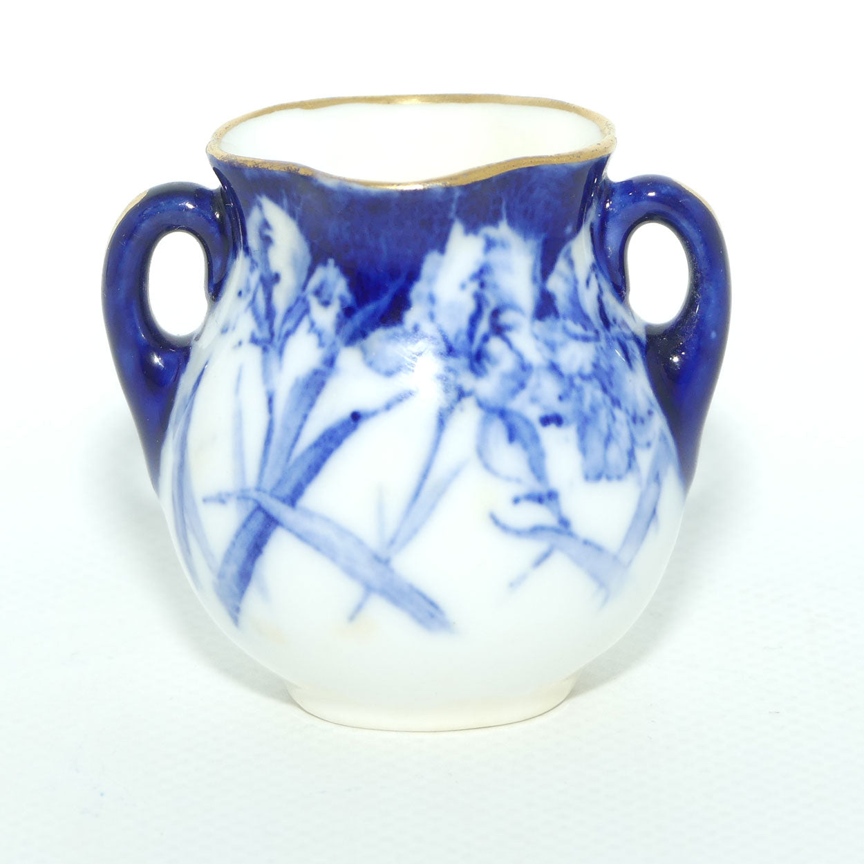 Royal Doulton Flow Blue Floral twin handle miniature vase | Gilt trim