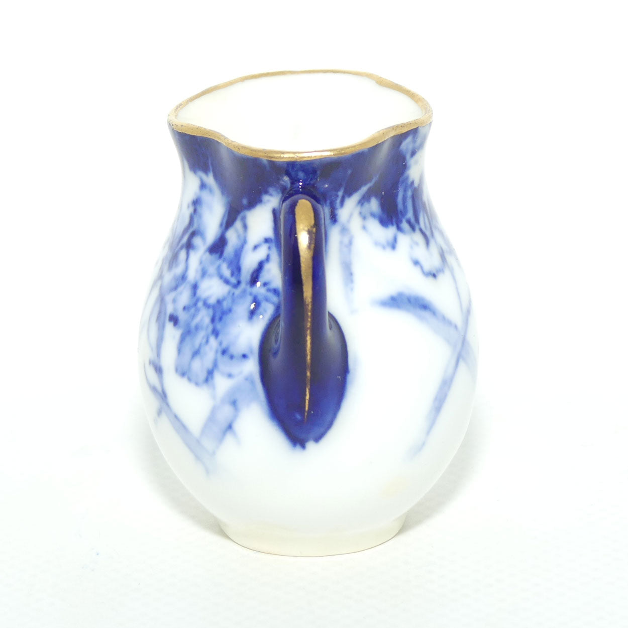 Royal Doulton Flow Blue Floral twin handle miniature vase | Gilt trim