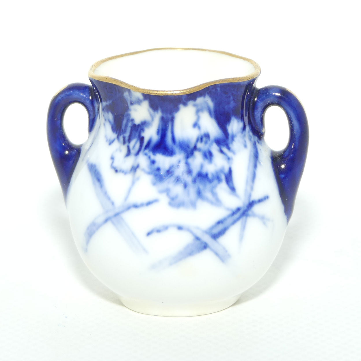 Royal Doulton Flow Blue Floral twin handle miniature vase | Gilt trim