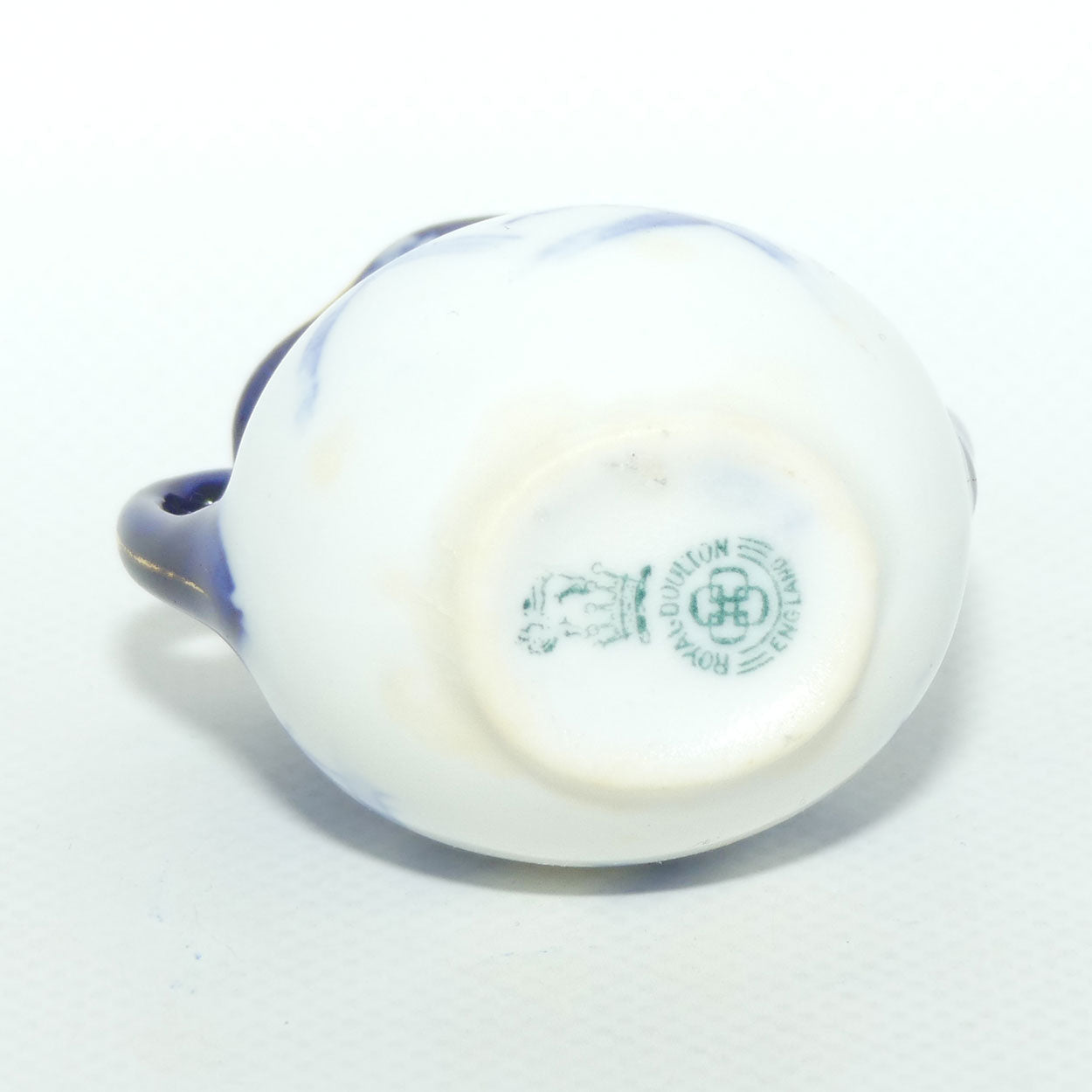 Royal Doulton Flow Blue Floral twin handle miniature vase | Gilt trim