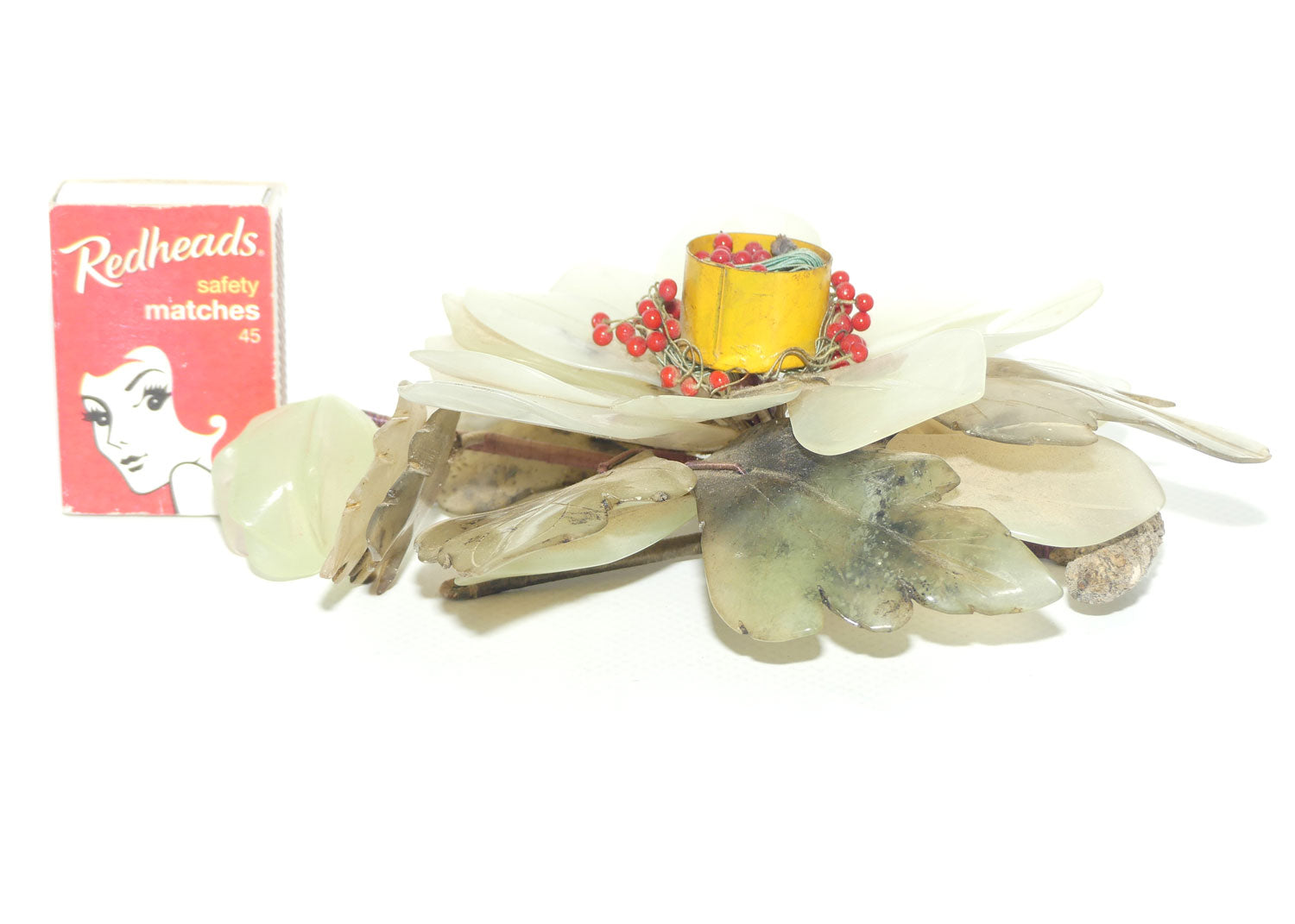 Mid 20th Century Chinese Nephrite Green Jade Flower Candleholder