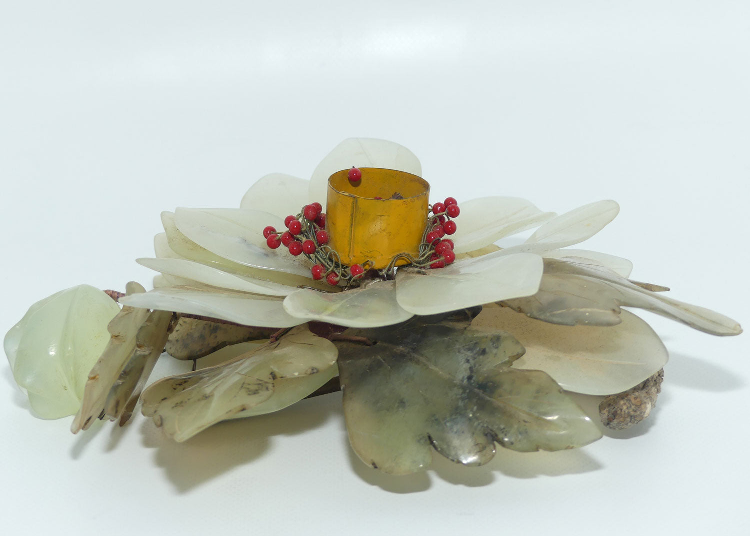 Mid 20th Century Chinese Nephrite Green Jade Flower Candleholder