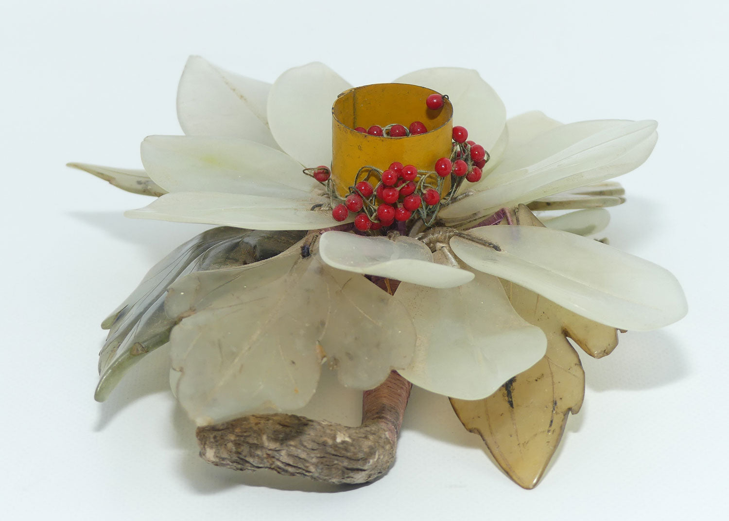 Mid 20th Century Chinese Nephrite Green Jade Flower Candleholder