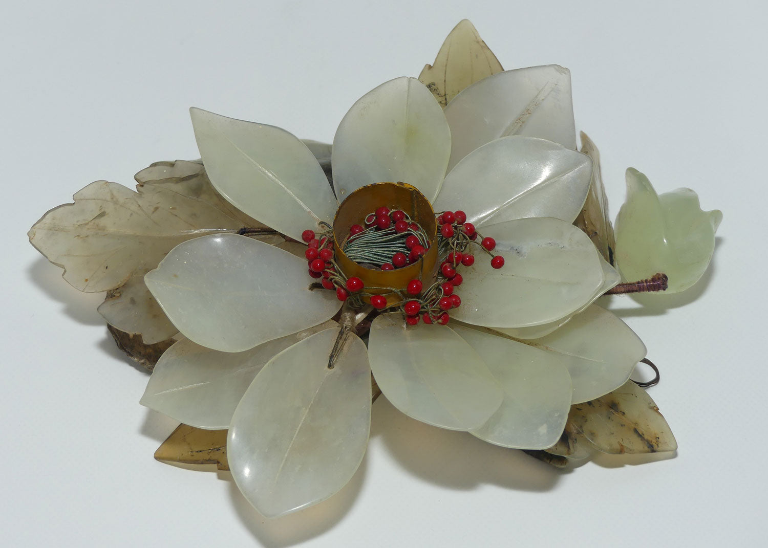 Mid 20th Century Chinese Nephrite Green Jade Flower Candleholder