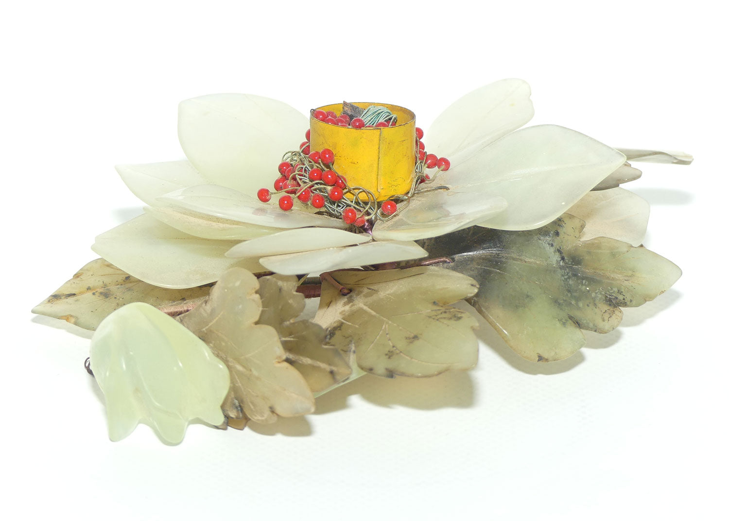 Mid 20th Century Chinese Nephrite Green Jade Flower Candleholder