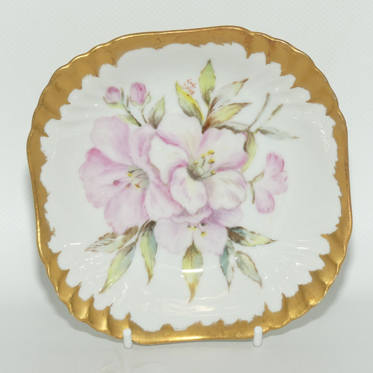 Early Australian China Painted gilt border square bowl decorated with Azalea | #1 | by Ethel L Thomas 1907