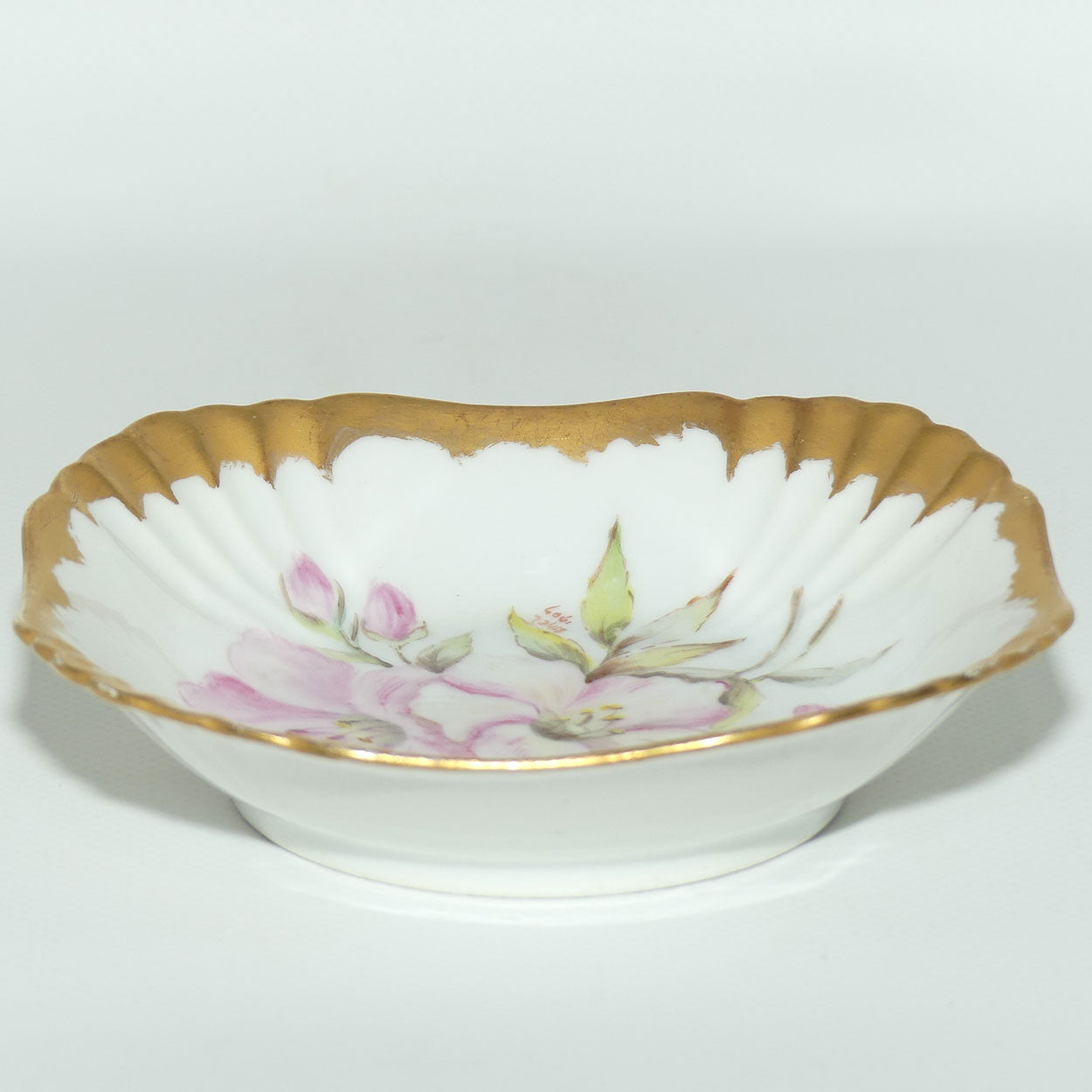 Early Australian China Painted gilt border square bowl decorated with Azalea | #1 | by Ethel L Thomas 1907