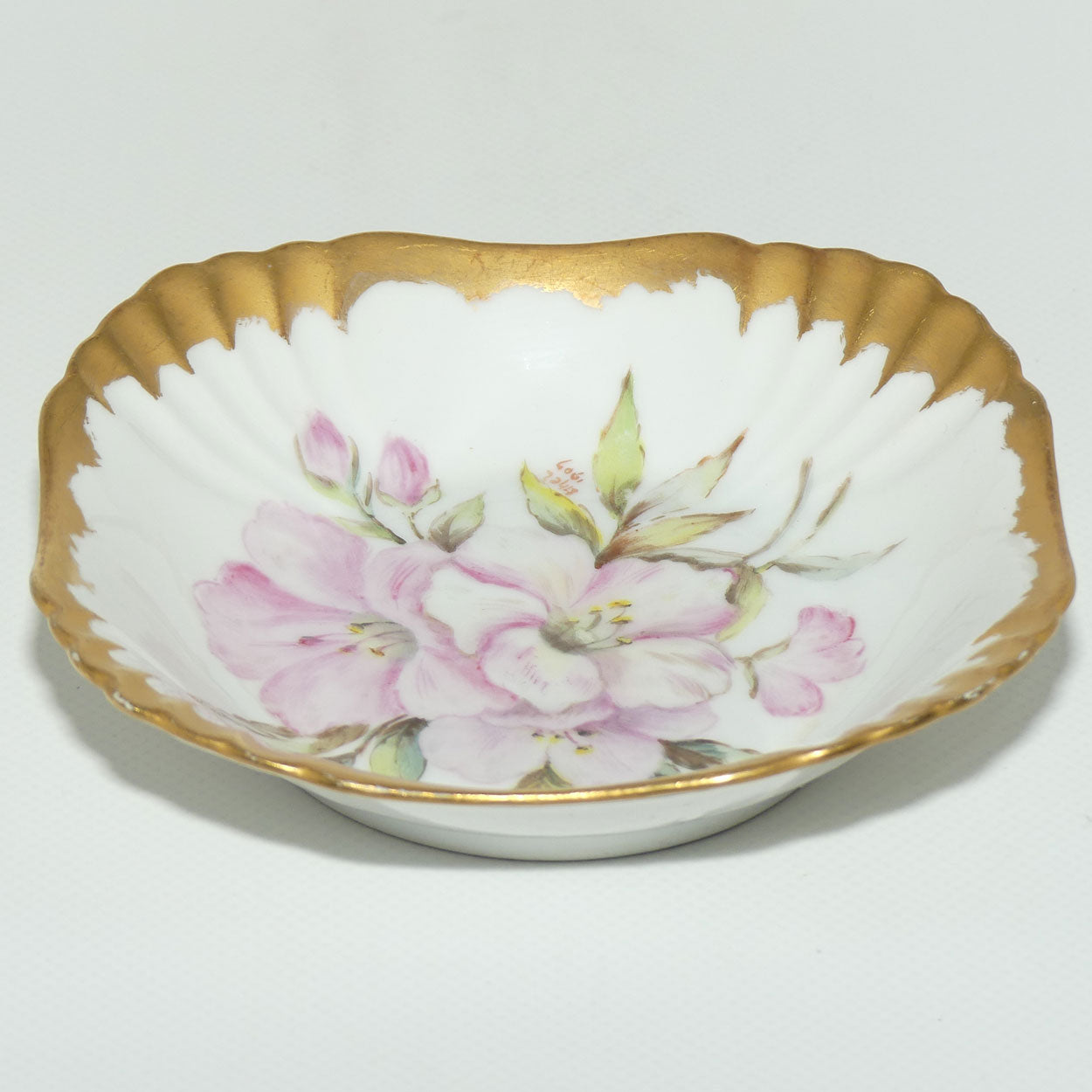 Early Australian China Painted gilt border square bowl decorated with Azalea | #1 | by Ethel L Thomas 1907